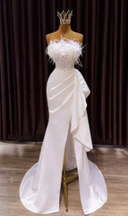 White Prom Dress, Vintage Mermaid Long Slit White Wedding Dresses