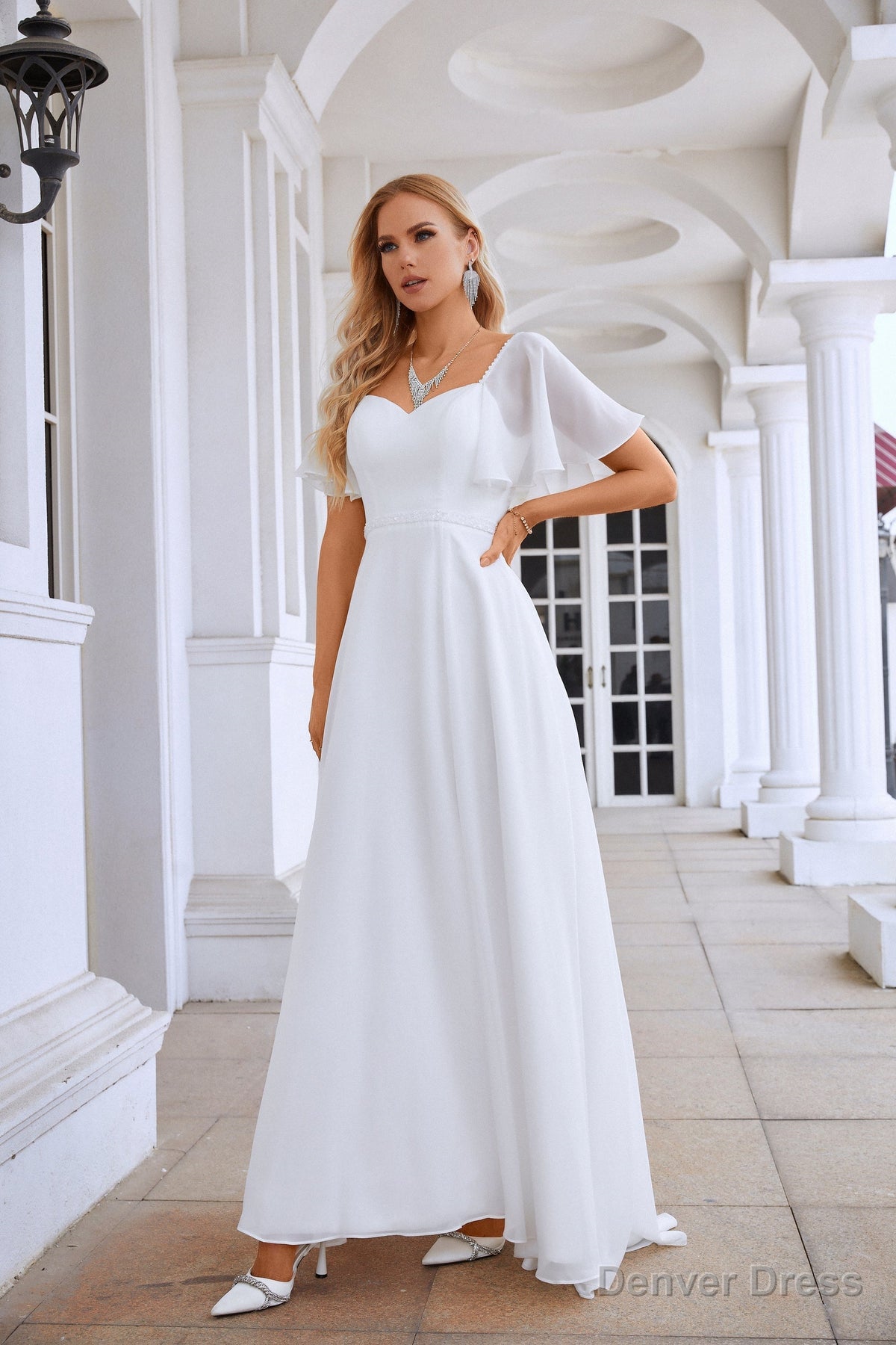 White Prom Dress Boat Neck Chiffon Bell Sleeves A Line Slit Sequin Floor Length Fromal Bridesmaid Dresses