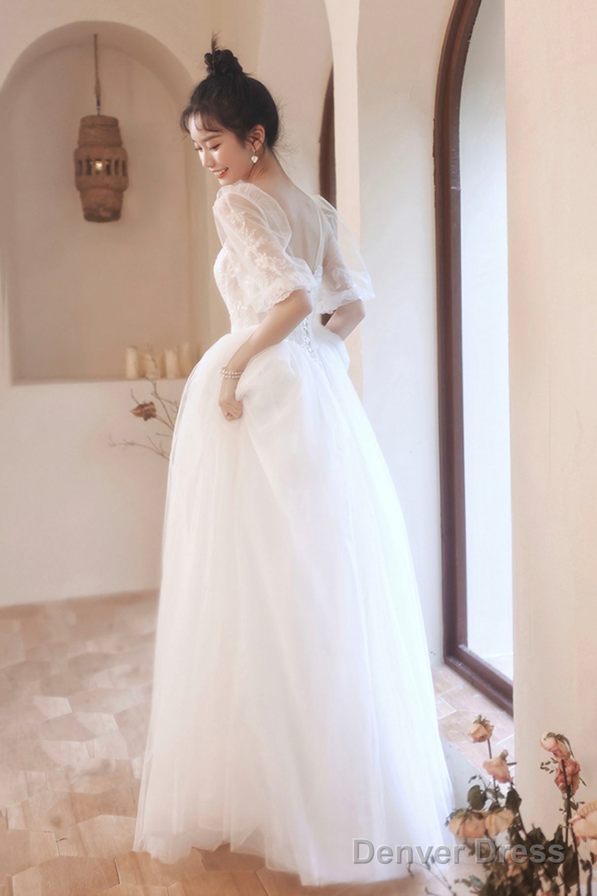 White Puff Sleeves Tulle Prom Dress, A-Line Lace Scoop Neckline Prom Dresses