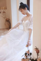 White Puff Sleeves Tulle Prom Dress, A-Line Lace Scoop Neckline Prom Dresses