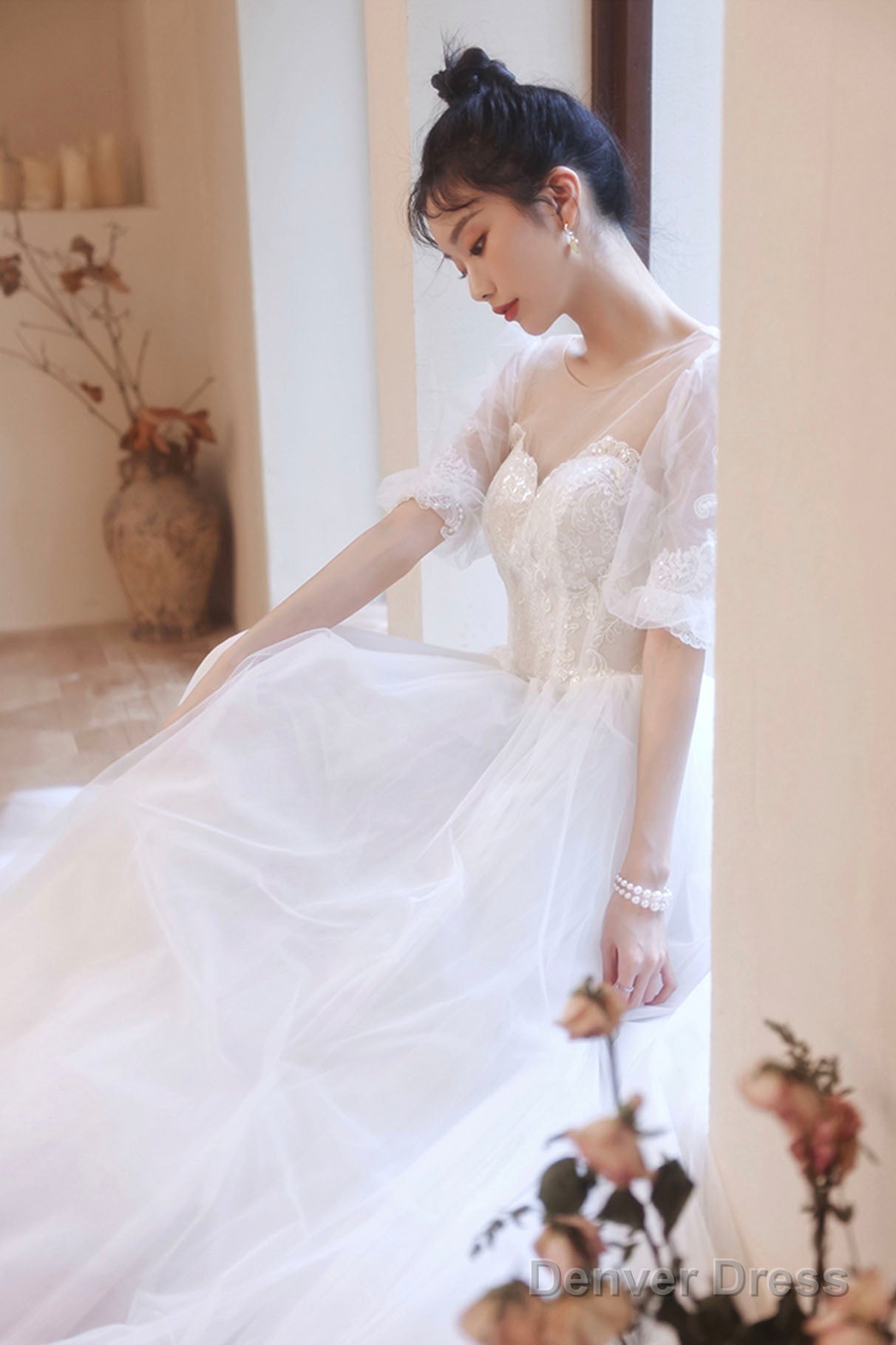 White Puff Sleeves Tulle Prom Dress, A-Line Lace Scoop Neckline Prom Dresses