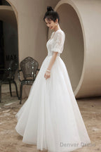 White Puff Sleeves Tulle Prom Dress, A-Line Lace Scoop Neckline Prom Dresses