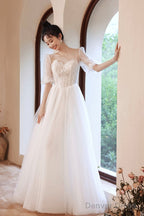 White Puff Sleeves Tulle Prom Dress, A-Line Lace Scoop Neckline Prom Dresses