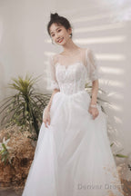 White Puff Sleeves Tulle Prom Dress, A-Line Lace Scoop Neckline Prom Dresses