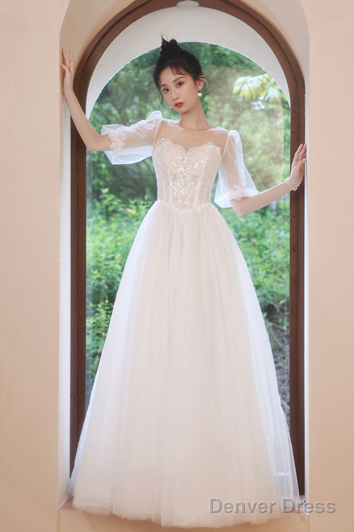 White Puff Sleeves Tulle Prom Dress, A-Line Lace Scoop Neckline Prom Dresses Main image