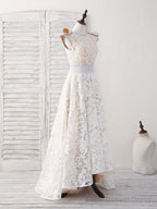 White Round Neck Lace High Low Prom Dress White Bridesmaid Dresses