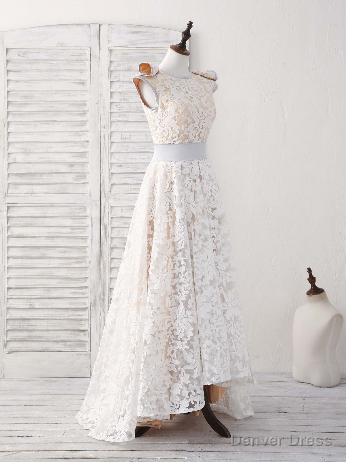 White Round Neck Lace High Low Prom Dress White Bridesmaid Dresses