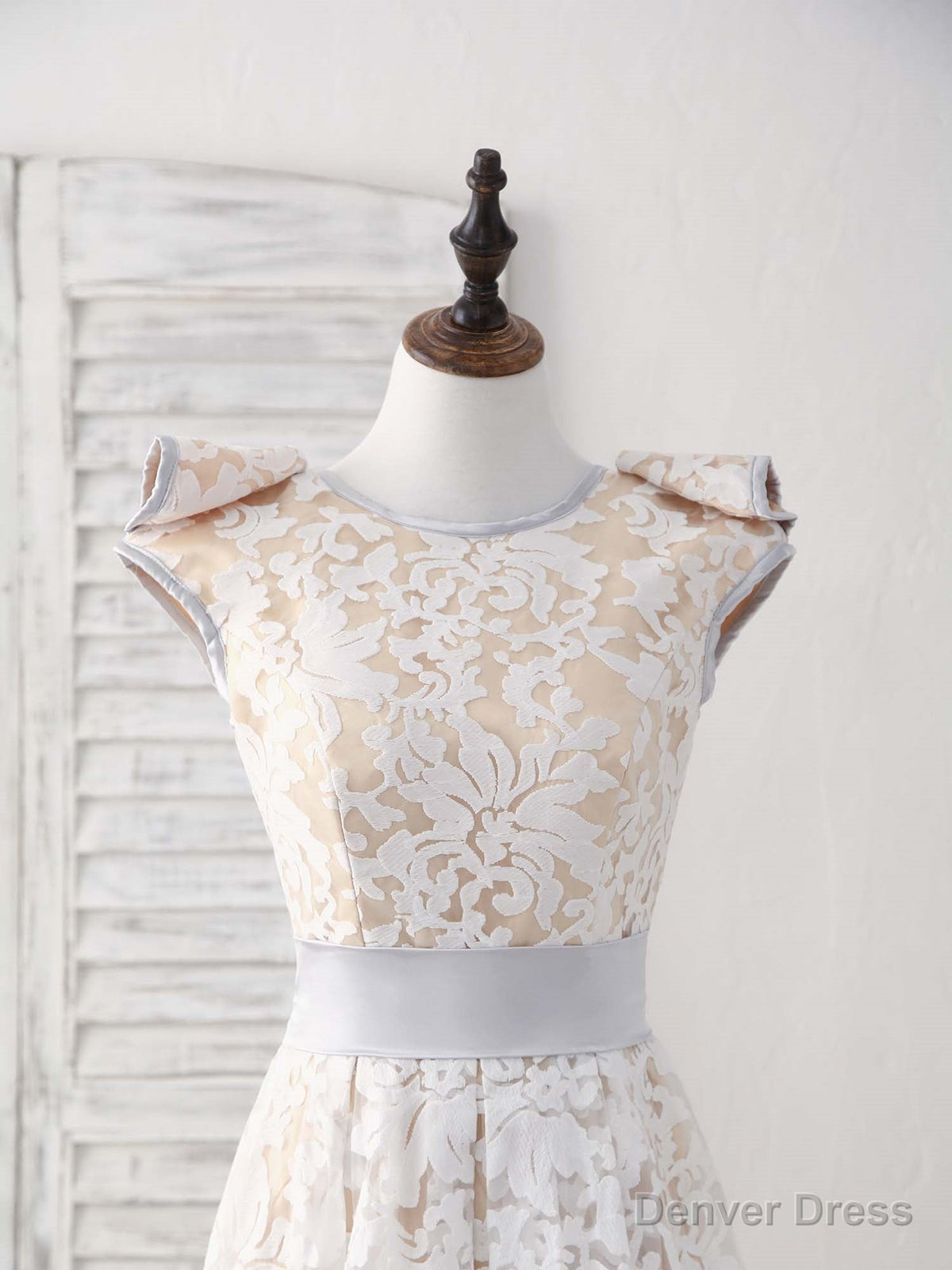 White Round Neck Lace High Low Prom Dress White Bridesmaid Dresses