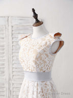 White Round Neck Lace High Low Prom Dress White Bridesmaid Dress