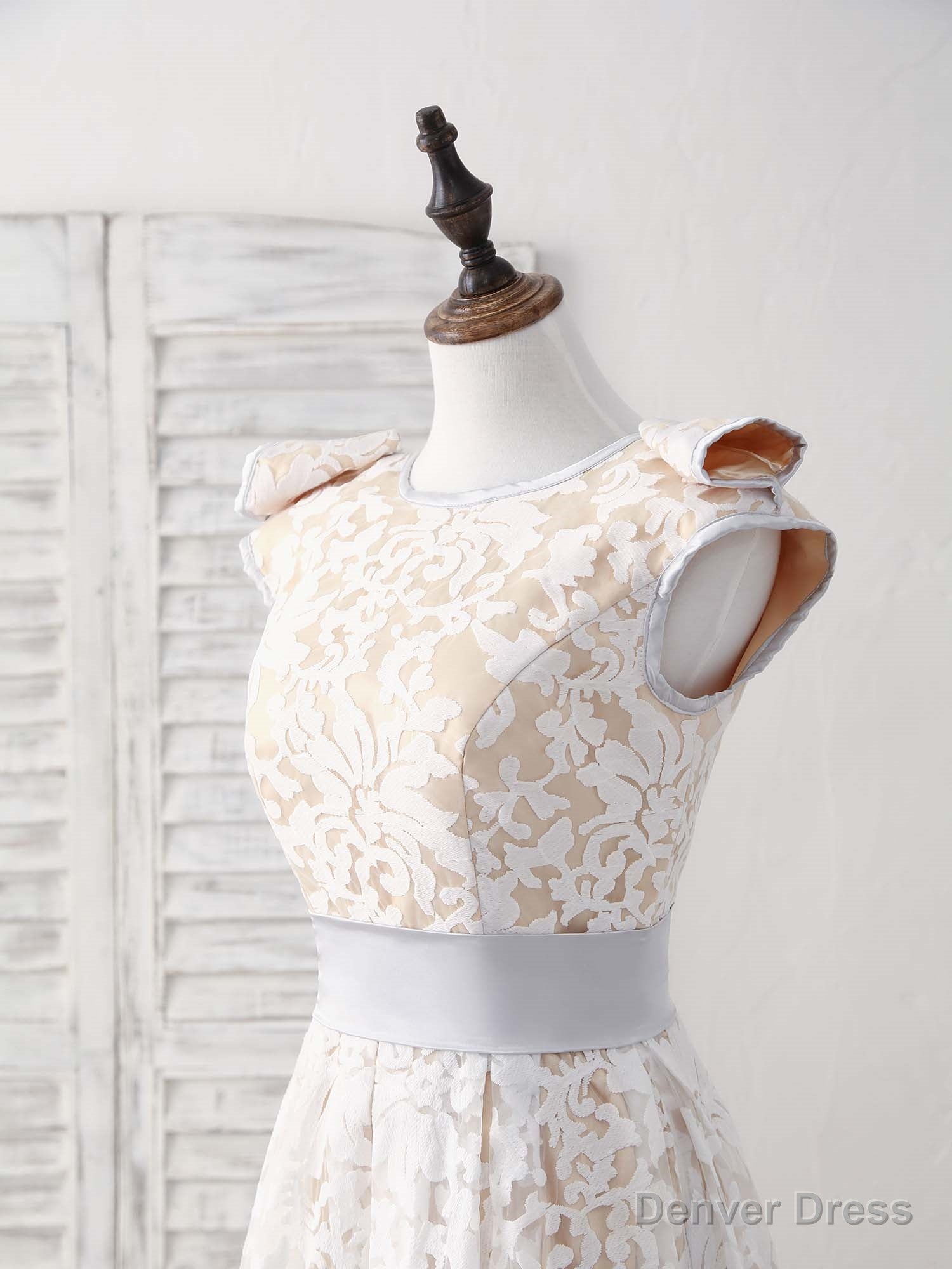 White Round Neck Lace High Low Prom Dress White Bridesmaid Dress