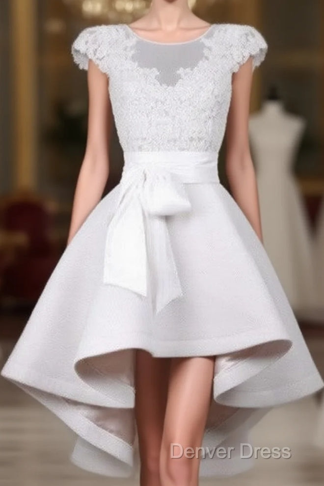White Round Neck Lace Short Prom Dress, Lace Dresses Main image