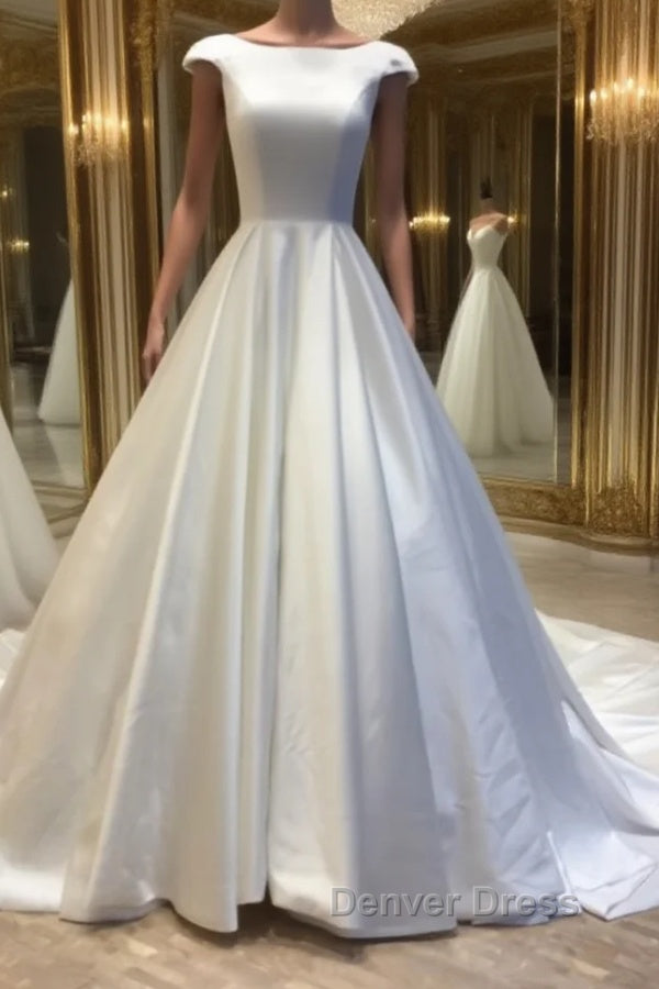 White round neck satin long prom Gowns, Prom Dresses Main image