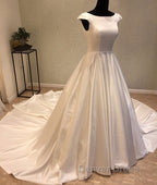 White round neck satin long prom Gowns, Prom Dresses