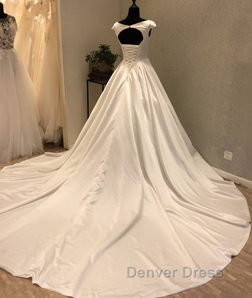 White round neck satin long prom Gowns, Prom Dresses