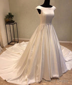 White Round Neck Satin Long Wedding Dress