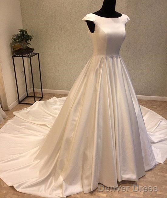White Round Neck Satin Long Wedding Dress