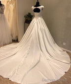 White Round Neck Satin Long Wedding Dresses