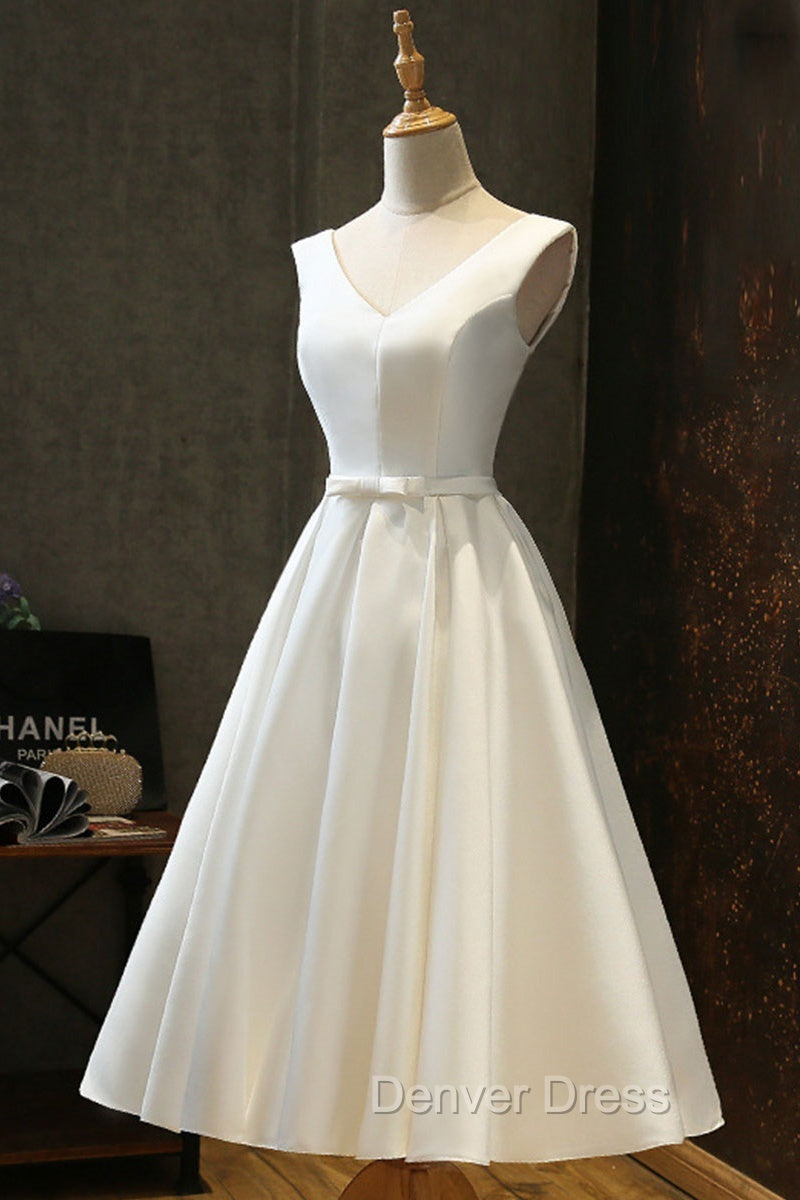 White Round Neck Satin Short Prom Dresses White Homecoming Dresses Secondary image