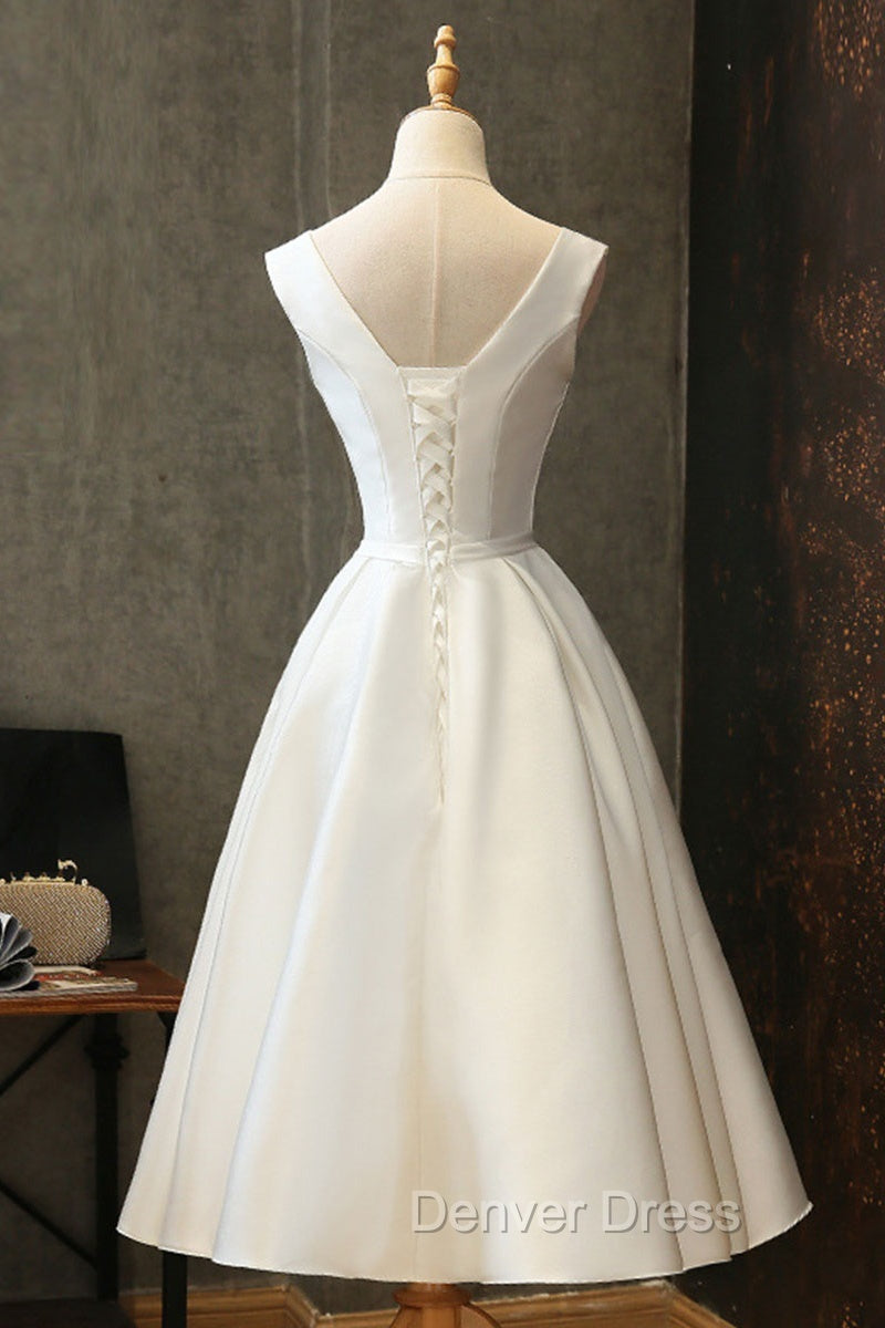 White Round Neck Satin Short Prom Dress White Homecoming Dresses