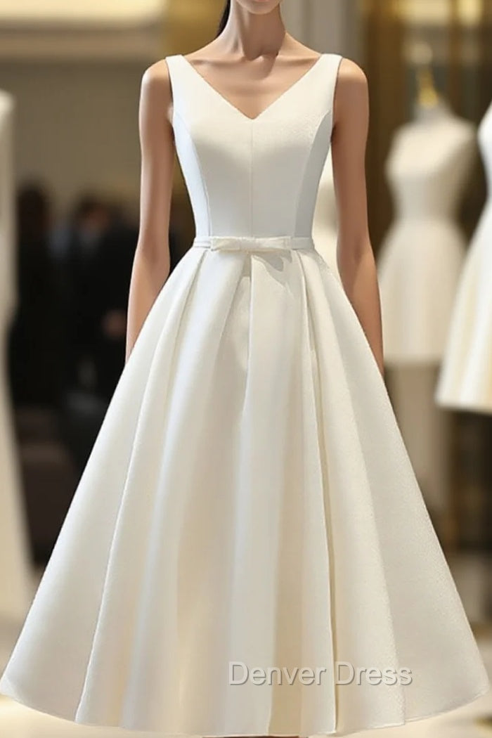 White Round Neck Satin Short Prom Dress White Homecoming Dresses Main image