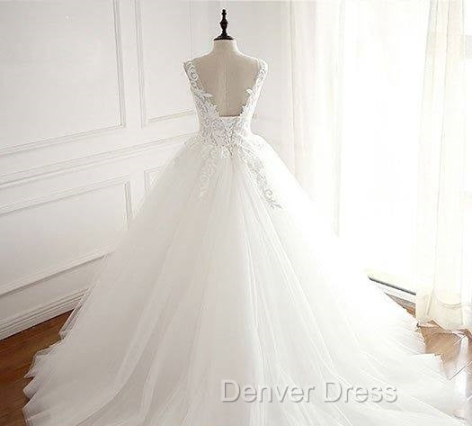 White Round Neck Tulle Lace Applique Long Wedding Dresses, White Evening Dresses