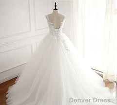 White Round Neck Tulle Lace Applique Long Wedding Dress, White Evening Dress