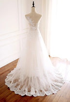 White Round Neck Tulle Lace Long Prom Dresses White Tulle Wedding Dresses