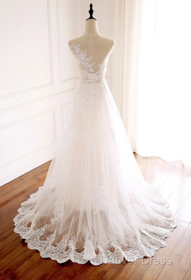 White Round Neck Tulle Lace Long Prom Dresses White Tulle Wedding Dresses