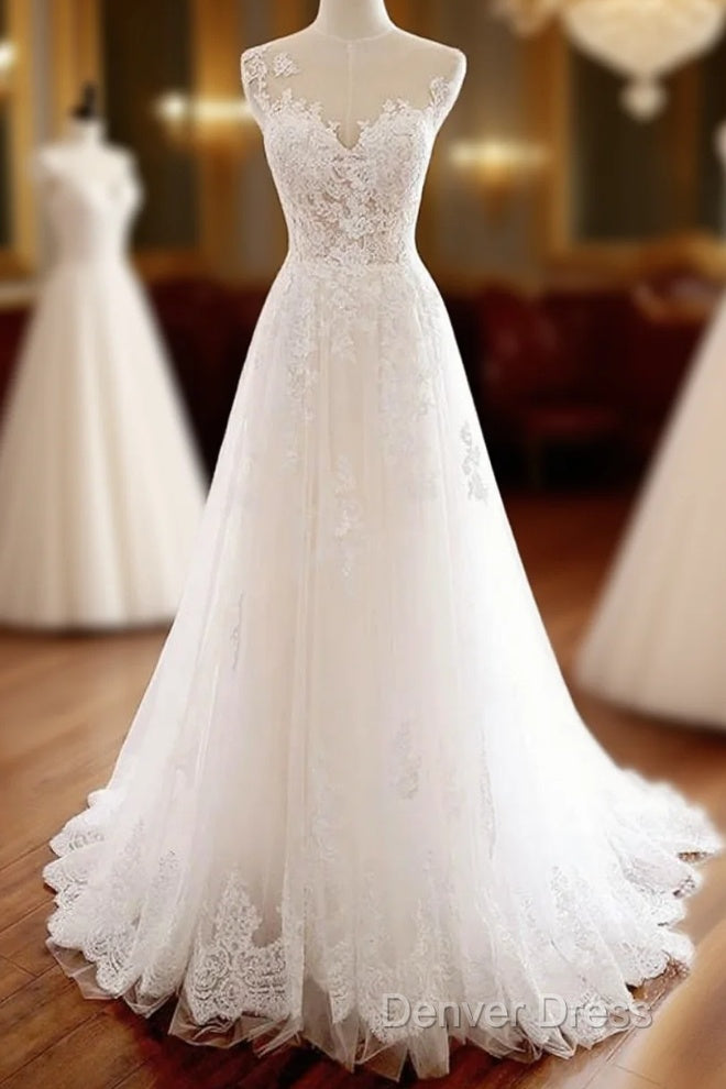 White Round Neck Tulle Lace Long Prom Dresses White Tulle Wedding Dresses Main image