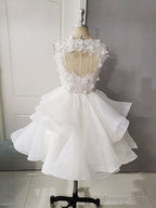 White Round Neck Tulle Lace Short Prom Dress, Puffy White Lace Homecoming Dresses