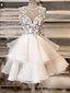 White round neck tulle lace short prom Dress, white homecoming Dresses