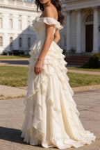 White Ruffled A-Line Square Neck Long Prom Dresses