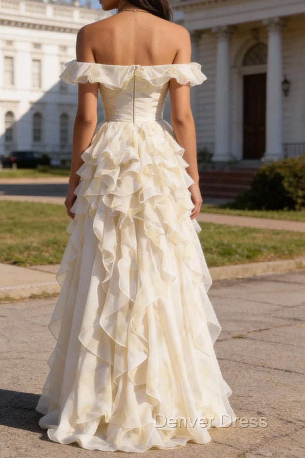 White Ruffled A-Line Square Neck Long Prom Dresses