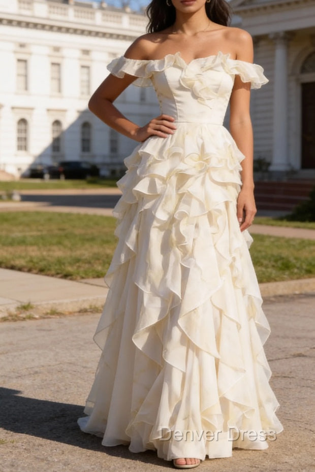 White Ruffled A-Line Square Neck Long Prom Dresses Main image