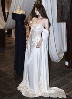 White Satin A-Line Long Scoop Long Evening Dress, White Satin Prom Dress