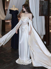White Satin A-Line Long Scoop Long Evening Dress, White Satin Prom Dress