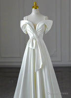 White Satin A Line Off Shoulder Prom Dress, White Satin Long Wedding Prom Dresses
