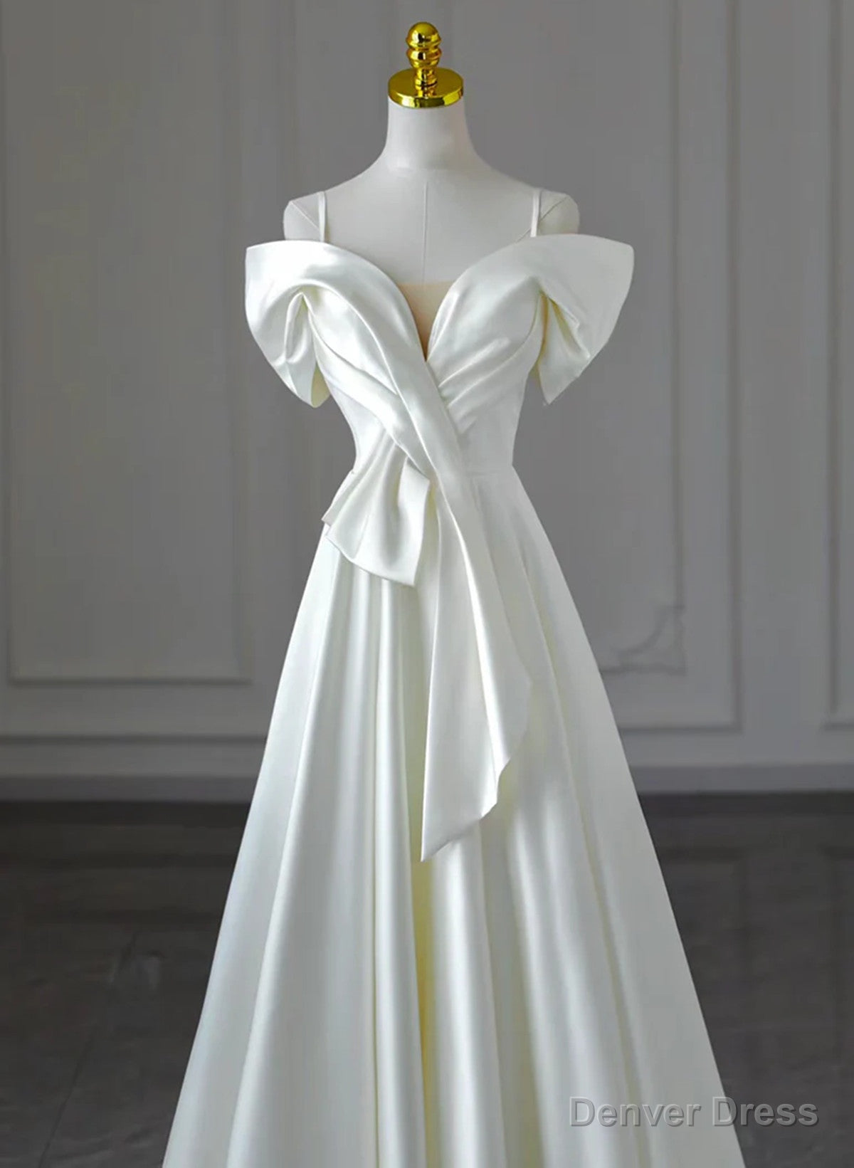 White Satin A Line Off Shoulder Prom Dress, White Satin Long Wedding Prom Dresses