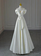White Satin A Line Off Shoulder Prom Dress, White Satin Long Wedding Prom Dresses