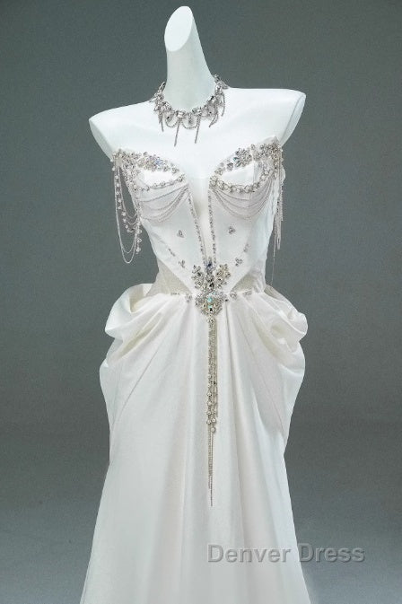 White Satin A-Line Sweetheart Beaded Long Prom Dresses, Elegant Adult Ceremony Graduation Prom Dresses Secondary image