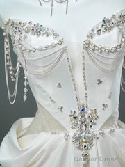 White Satin A-Line Sweetheart Beaded Long Prom Dress, Elegant Adult Ceremony Graduation Prom Dress