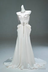 White Satin A-Line Sweetheart Beaded Long Prom Dress, Elegant Adult Ceremony Graduation Prom Dress
