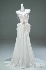 White Satin A-Line Sweetheart Beaded Long Prom Dress, Elegant Adult Ceremony Graduation Prom Dress