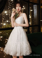 White Satin And Lace Straps Short Prom Dress, White Lace Homecoming Dresses