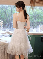 White Satin And Lace Straps Short Prom Dress, White Lace Homecoming Dresses