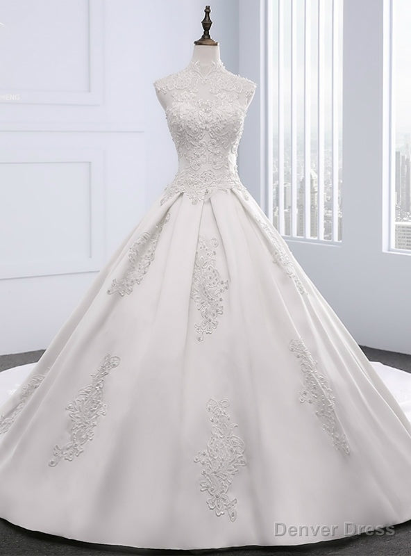 White Satin Appliques Pearls High Neck With Train Wedding Dress