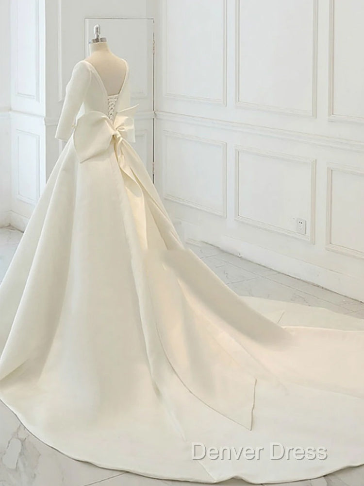White Satin Backless 3/4 Sleeve Wedding Dresses Party Prom Dresses Secondary image