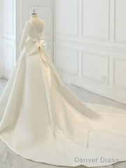 White Satin Backless 3/4 Sleeve Wedding Dress Party Prom Dresses