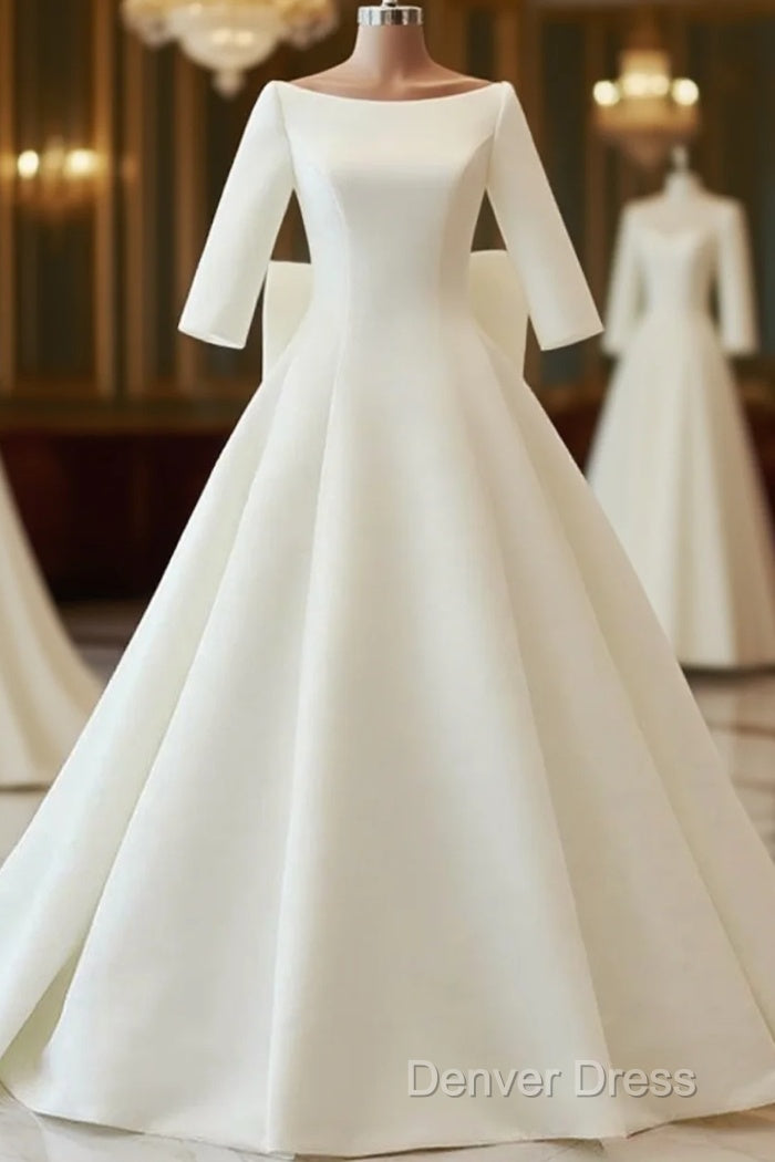 White Satin Backless 3/4 Sleeve Wedding Dresses Party Prom Dresses