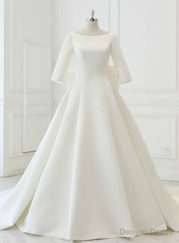 White Satin Backless 3 4 Sleeve Wedding Dresses With Big Bow